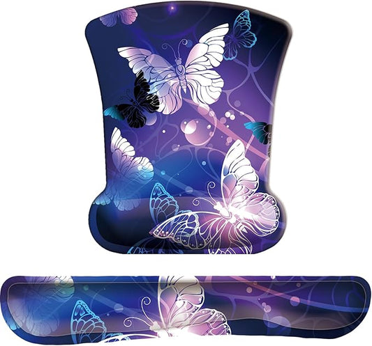Keyboard Wrist Rest Pad Mouse Pad with Wrist Support Set of 3, Gaming Mousepad with Non-Slip Rubber Base, Ergonomic Memory Foam Mouse Cushion Support for Home Office Laptop Computer, Butterfly
