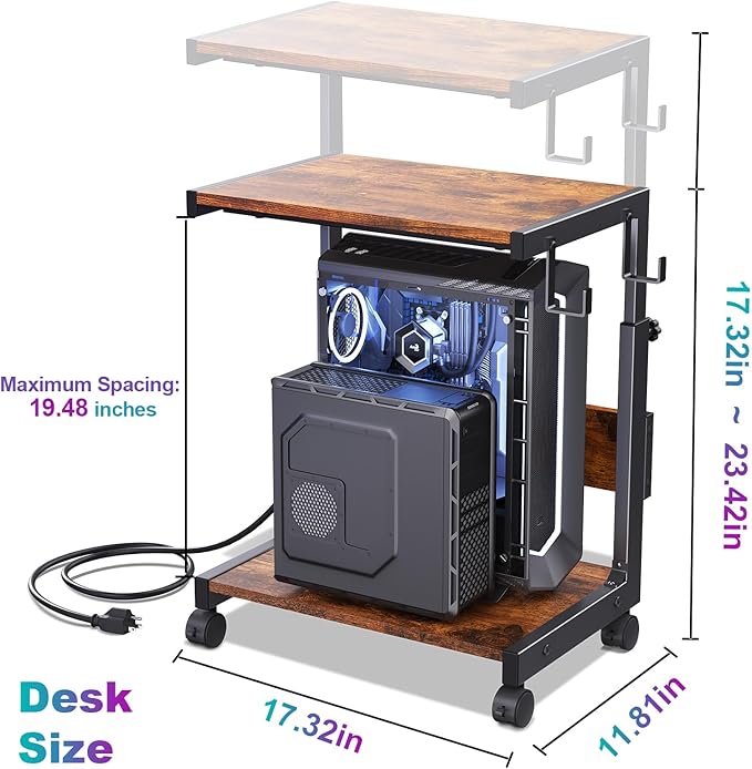 Computer Tower Stand with Charge Station and USB Charging Port - Height Adjustable PC Tower Stand, Under Desk CPU Holder Cart with Locking Caster Wheels for Fits Most PC