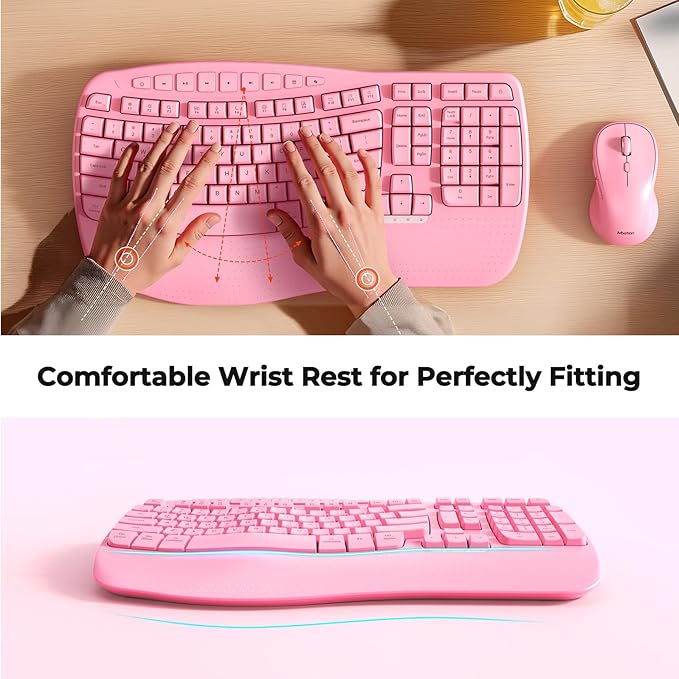 MEETION Ergonomic Keyboard and Mouse Wireless, Wave Keys Natural Typing, 2.4G Wireless Keyboard with Wrist Rest, 4 Adjustable DPIs Mouse, Computer/Laptop/Windows/Mac, Pink