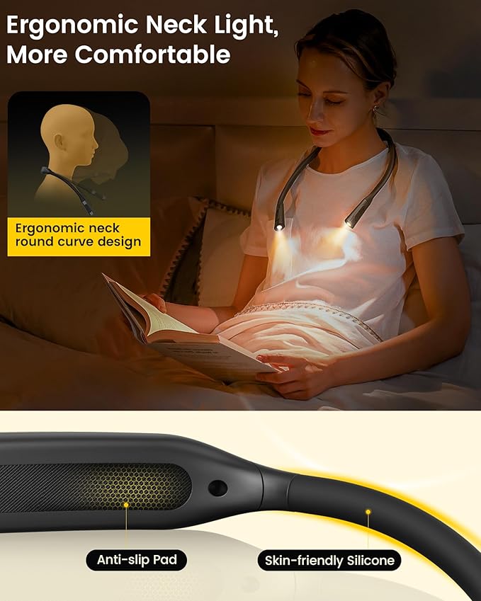 Glocusent Neck Book Light, 1200mAh Rechargeable Neck Reading Light, Hands Free Book Lights for Reading at Night, 5 Colors & 5 Brightness, Private Lightweight Book Reading Light in Bed for Book Lovers