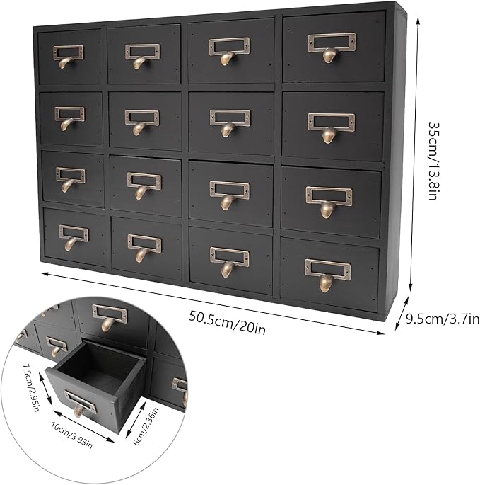 16-Drawer Wooden Desk Organizer Storage Box with Label Holders Vintage Wood Desktop Organizer, Desk Drawer Unit Collectors Box for Living Rooms, Bedrooms, Offices (Black, 1PC, 16 Drawers)