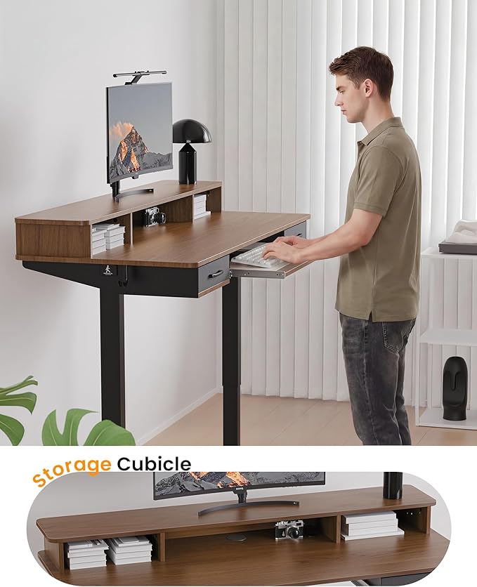Electric Standing Desk with Keyboard Tray, 55x24 Inches Height Adjustable Stand up Desk with 2 Drawers, Ergonomic Sit to Stand Table with Storage Monitor Stand, Black Walnut