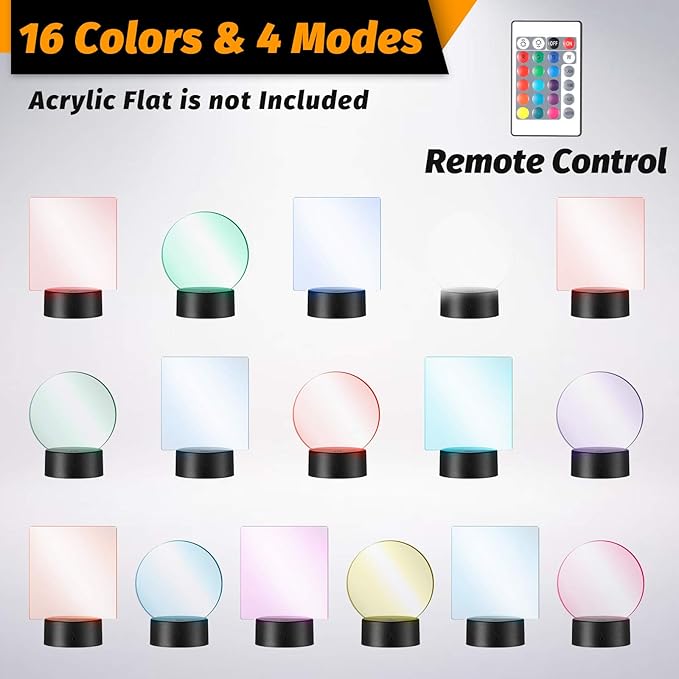 Honoson 4 Pieces 3D Night LED Lamp Base 16 Colors LED Lights Display Base with Remote Control and USB Cable, Lights Frame for Acrylic and Resin Glass, for Restaurant Room Shop in Black