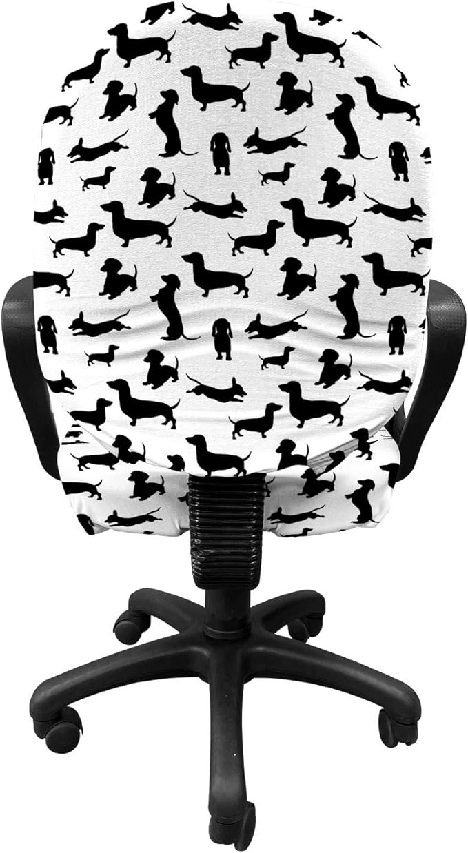 Ambesonne Dog Lover Office Chair Slipcover, Monochrome Dachshunds in Numerous Stances Active Life Pet Canine Abstract Image, Protective Stretch Decorative Fabric Cover, Standard Size, Black and White
