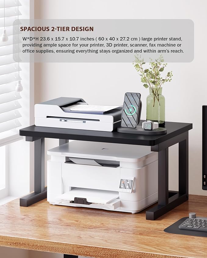 Desktop Printer Stand, 23.6″ x 15.7″ 2-Tier Large Printer Shelf fit 3D Laser Printer/Scanner/Fax Machine, Industrial Storage Rack for Home Office Storage, Black P6040-B