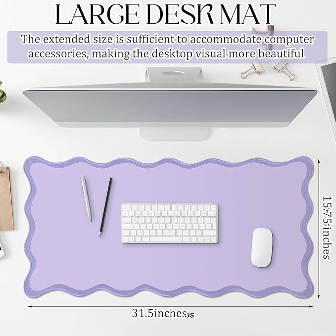 Hahafelt Scalloped Desk Mat Large Scalloped Piping Cute Desk Mat Aesthetic Preppy Table Pad Large Nonslip Pad with Edge Stitching Waterproof Gaming(Purple,31.5 x 15.8 Inches)