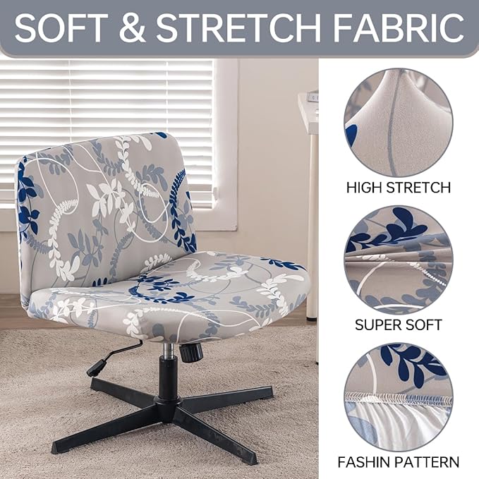 Armless Chair Slipcover Stretch Criss Cross Chair Cover, Mid Back Wide Seat Accent Chair Covers,Modern Vanity Chair Cover for Office Desk (Blue White Leaves)