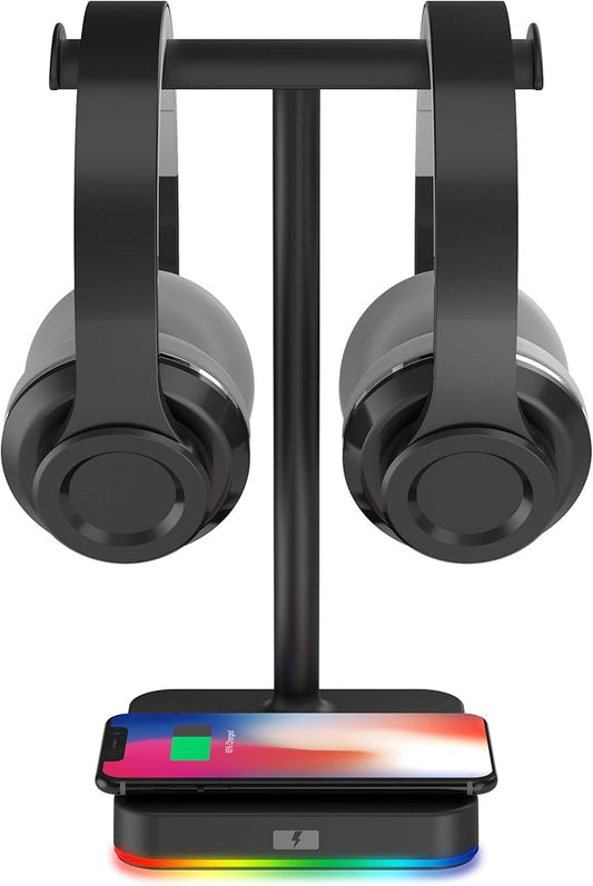 KAFRI RGB Dual Headphone Stand with Wireless Charger Desk Gaming Double Headset Holder Hanger Rack with 10W/7.5W QI Charging Pad - Suitable for Gamer Desktop Table Game Earphone