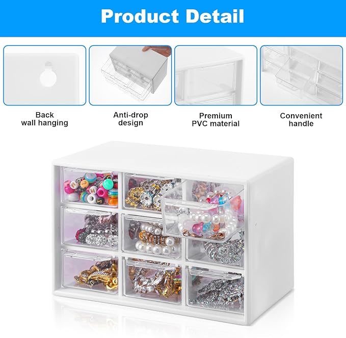 2 Pcs Mini Plastic Drawer Organizer with 9 Clear Drawers, White Small Desktop Storage Compartments for Office, School, Home, Craft Supplies & Jewelry