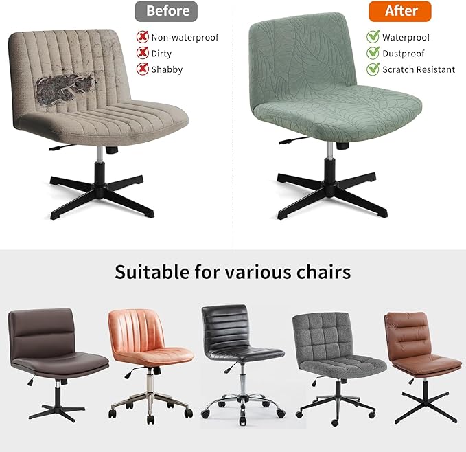 Fuloon Criss Cross Chair Cover, Waterproof, Stretchable, Solid Jacquard, Suited for Armless/Office/Desk/Mid Back Wide Seat/Computer/Task/Vanity/Accent Chair (Leaves -Shaped Jacquard, Green)