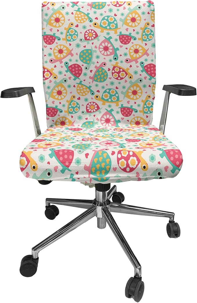 Ambesonne Turtle Office Chair Cover, Colorful Design Groovy 90s Floral Boho Ornate Delicate Animals Hippie Feels, Stretchable Decorative Universal Size High Back Printed Slipcover, Teal Magenta