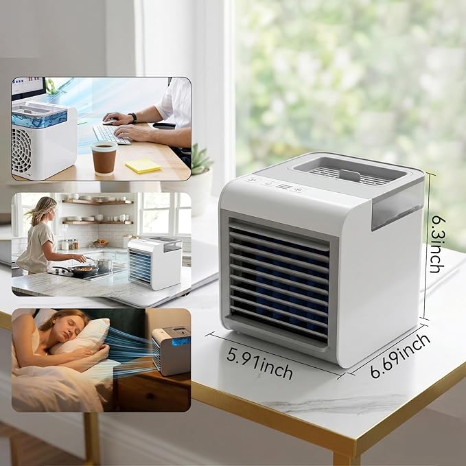 Portable Air Conditioner Fan, 4-in-1 Mini Air Cooler with 450ML Water Tank, 3 Speeds Portable Fan 7 Colors LED Ambient Light, Mini Evaporative Cooler Desktop Humidifier Fan for Bedroom Office Travel