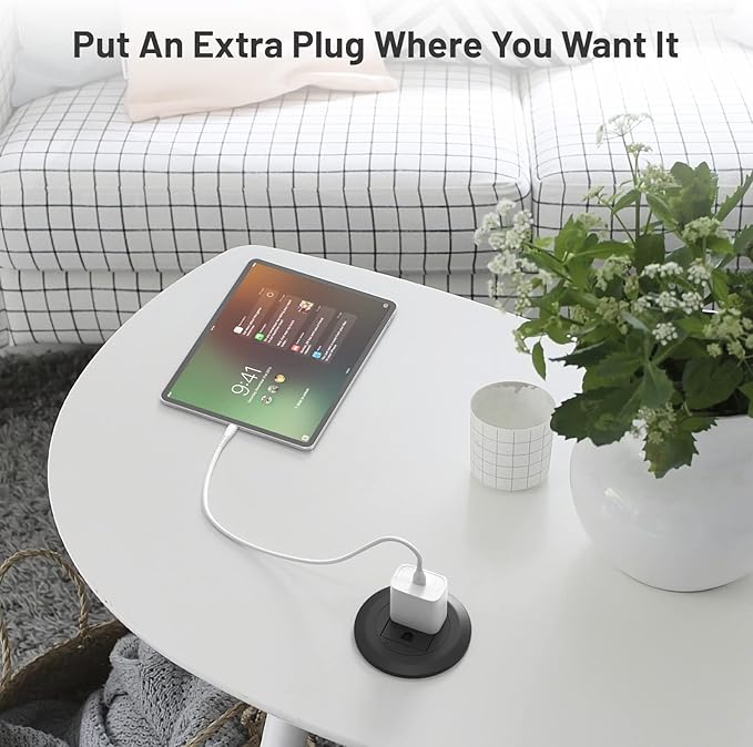 Mini Desktop Power Hub Grommet Socket, Flush-Mount Desk Outlet Build-in 1 US Standard Outlet with 6.56 FT Extension Power Cord, Recessed Power Strip Socket for Desk Nightstand Cabinet Counter