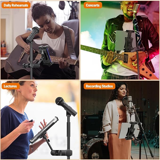 Tablet Holder for Microphone Stand, Mic Stand Tablet Holder for iPad, 360° Adjustable Clip-on Phone Mount for Shee Music Stand, Fits Devices from Screen Size 4.7 to 12.9”