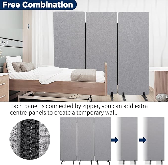 Room Divider Soundproof Privacy Panel with Wheels, 3 Panel Portable Office Wall Divider for Room Partition, Soundproof Partition Room Dividers Cubicle Wall Temporary Wall Space Separator for Office