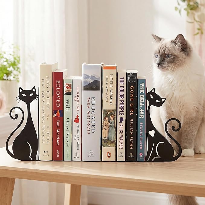 Atomic Cat Metal Bookends Set of 2 Cute Book Ends for Shelves Bookshelf Decorative Objects Home Office Desk Bookshelf Decor Gift for Cat Lovers and Reading Enthusiasts (Black)