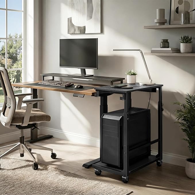 MAHANCRIS Computer Tower Stand with Power Outlet, Mobile PC Stand for Floor, Height Adjustable PC Holder Cart Under Desk, 26.6"-32.7" H, for Home Office, Gaming Room, Black PCHS216E01
