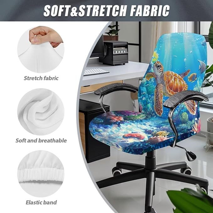 Talayituse Turtle Fish Water Plants Print Office Chair Covers, Stretch Computer Chair Cover, Universal Boss Chair Covers Modern Simplism Style High Back Chair Slipcover, Large