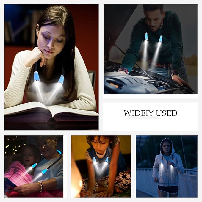 Book Light, Neck Reading Light, USB Rechargeable, Hands Free, 4 Super Bright LED Bulbs, 3 Adjustable Brightness, Best for Reading in Bed, Knitting, Walking, Jogging, Mending in Night (Blue)