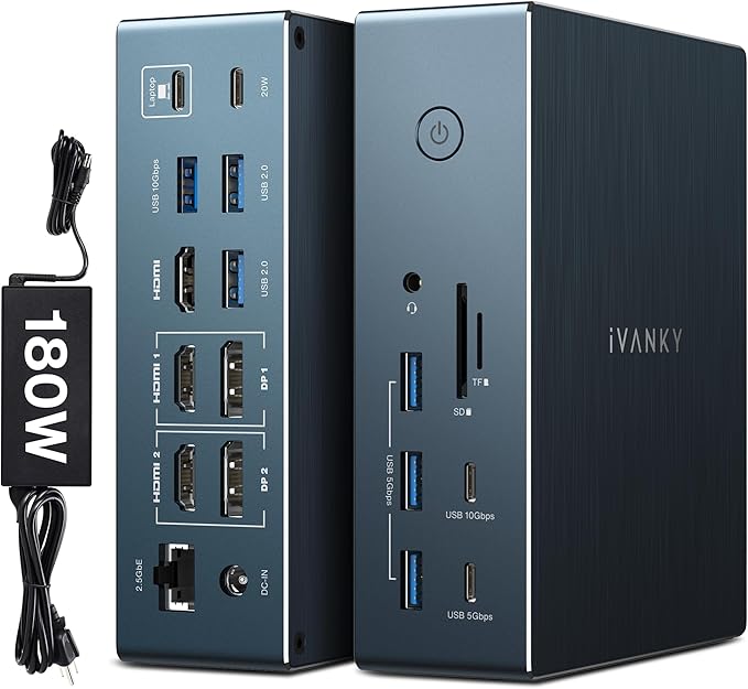 iVANKY 20-in-1 DisplayLink Docking Station 3 Monitor for Window and MacBook Pro/Air, Triple 4K@60Hz Display for M5/M4/M3/M2/M1 MacBook/Windows, 180W Power, 2.5GbE, HDMI, DP, 10Gbps, Driver Needed