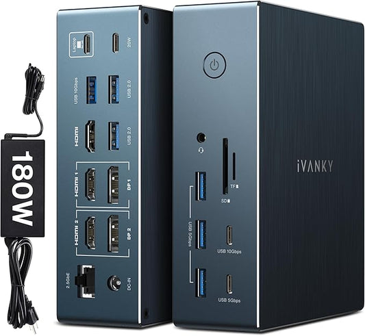 iVANKY 20-in-1 DisplayLink Docking Station 3 Monitor for Window and MacBook Pro/Air, Triple 4K@60Hz Display for M5/M4/M3/M2/M1 MacBook/Windows, 180W Power, 2.5GbE, HDMI, DP, 10Gbps, Driver Needed