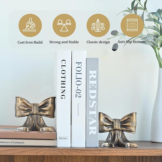 Metal Bookends Set of 2, Heavy Duty Book Ends for Heavy Books, Autumn Copper Decorative Bookends for Shelves Desk Office Home Decor