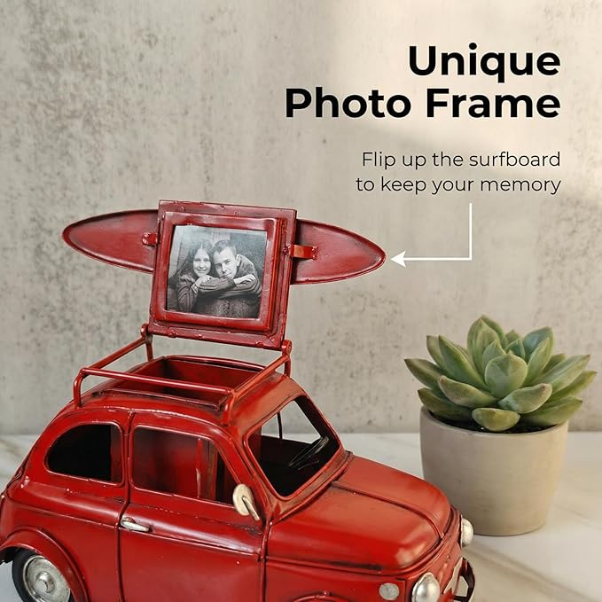 Vintage Photo Frame Pen Holder Car Model Handcrafted Iron Art Car Sculpture Two in One Multi Functional Storage Container with Luggage Compartment and Surfboard Decorations Ideal Gift