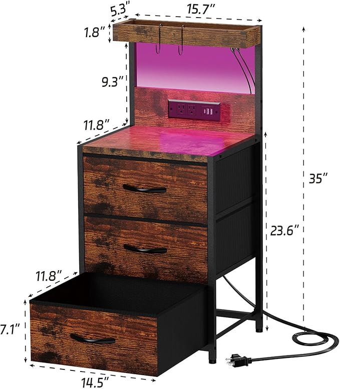 SZLHANJZ Night Stand, Nightstand with Charging Station and Led Lights, 3 Drawers Night Stand with Storage Shelf and Hooks, Tall End Side Table for Bedroom, Rustic Brown