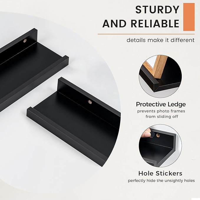 FLYJOE Picture Ledge Shelf, Floating Shelves Set of 2, 44 Inches Nursery Book Shelves for Toys Storage, Kids Bookshelf Wall Mounted for Living Room Bedroom Decor Books Photo Frames, Black