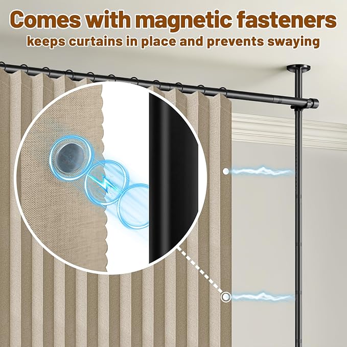 AJAZZ Room Divider Curtain (2 Panels, Beige, W100 x L84 in)+ Curtain Rods No Drilling Adjustable Tension (H) 43-120×(W) 35-200 in, Heavy Duty Wall Divider for Apartment/Dorm