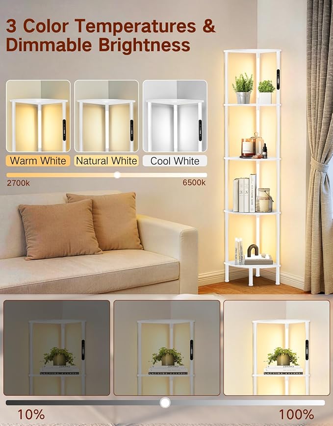 5-Tier Corner Bookshelf with LED Lights, Touch & Remote Control, 3 Color Temperatures, Dimmable Narrow Display Shelf with 1-Hour Timer for Living Room, Bedroom, Office(White)