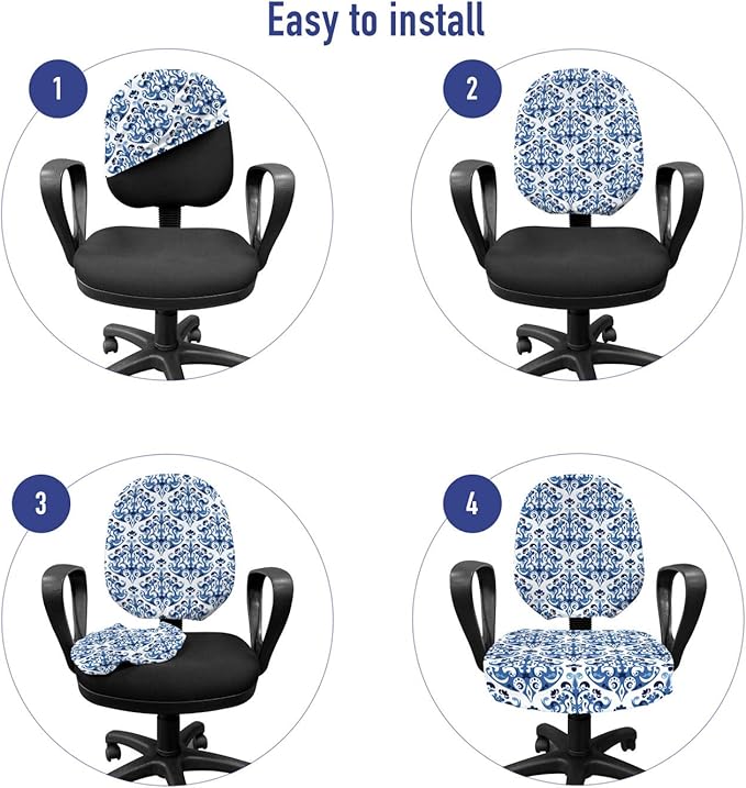 Ambesonne Indigo Office Chair Slipcover, Victorian Style Floral Design Vintage Print, Protective Stretch Decorative Fabric Cover, Standard Size, Azure Blue
