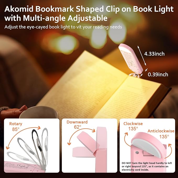 Akomid USB Rechargeable Book Light for Reading in Bed, 8 LEDs Bookmark Style Clip on, Eye-Cared Amber Light Mode for Kids, Blue Light Blocking, Stepless Dimming, Pink