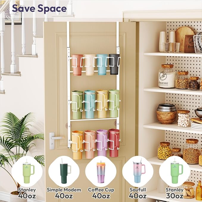 SWTYMIKI 3-Tier Water Bottle Organizer – Over the Door Stanley Cup Holder, Cup Organizer for Door or Wall Mount Option, Stanley Accessories for Pantry, Dorm, Office, RV Use, White