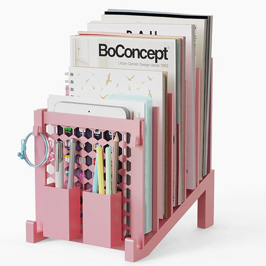 File Organizer for Desk with Storage Box & Hook, Inclined Desk File Organizer with 5-Section Vertical File Holder Suitable for Home Office Document Organization (Pink-01)