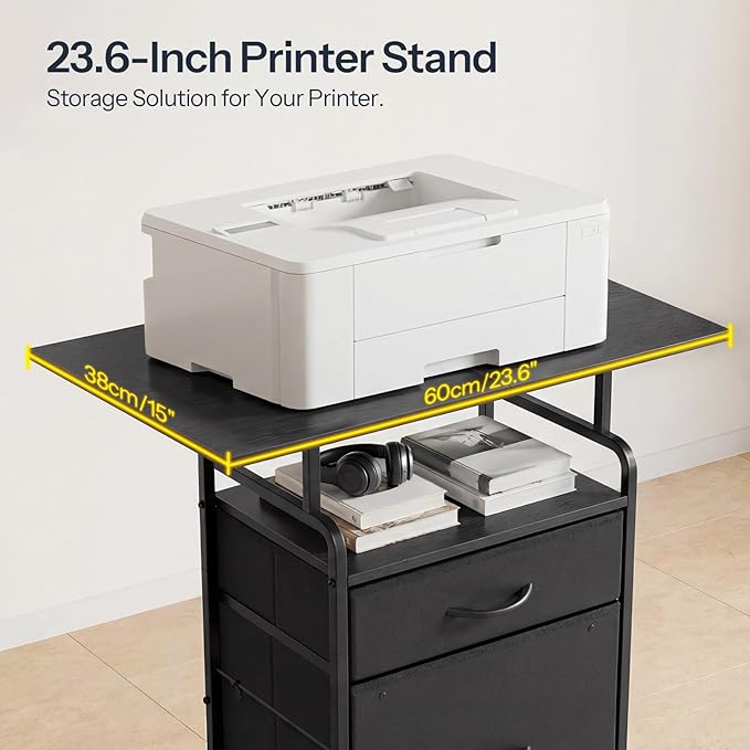HOOBRO Printer Stand, Printer Table with Drawers, Mobile Filing Cabinet with Charging Station, Printer Cart for Home Office, Living Room, Black BB15UPS01