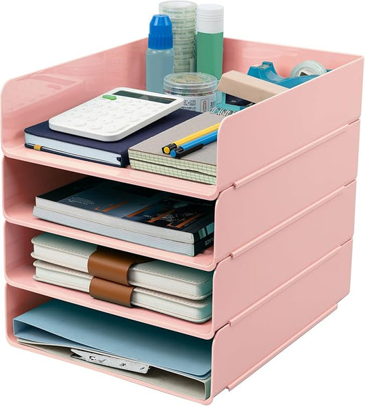 Tiawudi Desk Organizer, Office Organization and Storage, Plastic Letter Tray, Stackable File Organizer for Classroom, Home, Documents, Notes, Folders, Books and Pens, 4 Tier