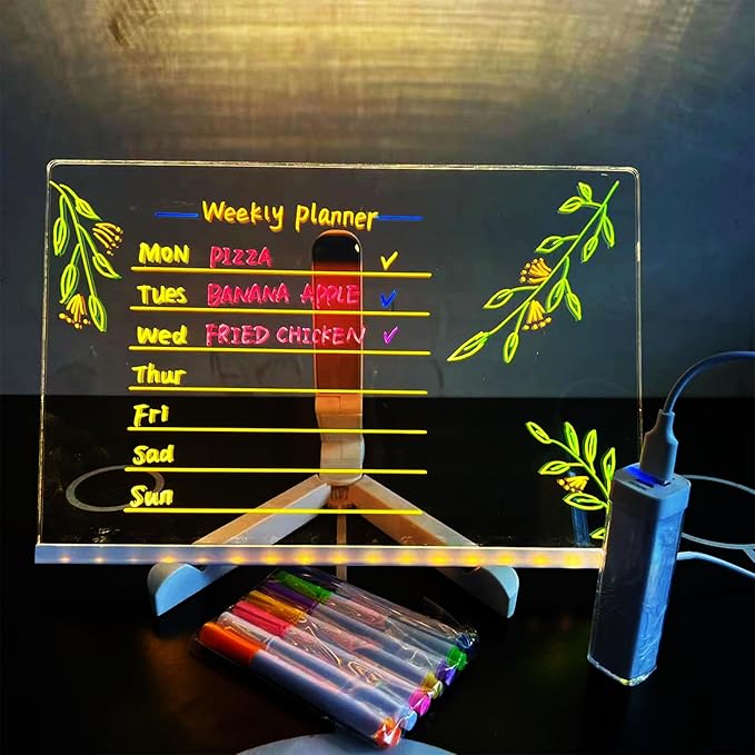 Acrylic Dry Erase Board with Light 12 * 8”, LED Note Board with Colors, as a Glow Memo LED Letter Message Board Note Glass Led Board White Board with 7 Colors Pen