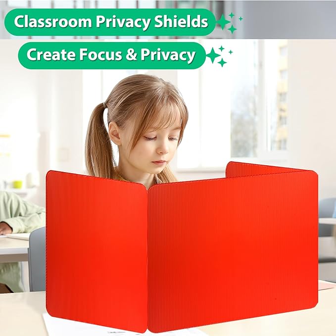 24 Pack Desk Dividers for Students with 40 Labels, Foldable Waterproof Classroom Privacy Shields Desk Privacy Panel, Plastic Folder Desk Divider for Testing Offices Classroom Teachers Supplies