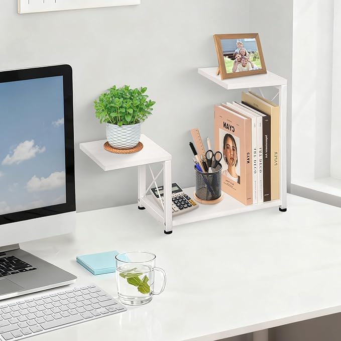 Desk Shelf Organizer, 3-Tier Wood Desk Bookshelf, Small Tabletop Book Shelf, Adjustable Display Rack for Office Decor and Desk Accessories, Rustic White