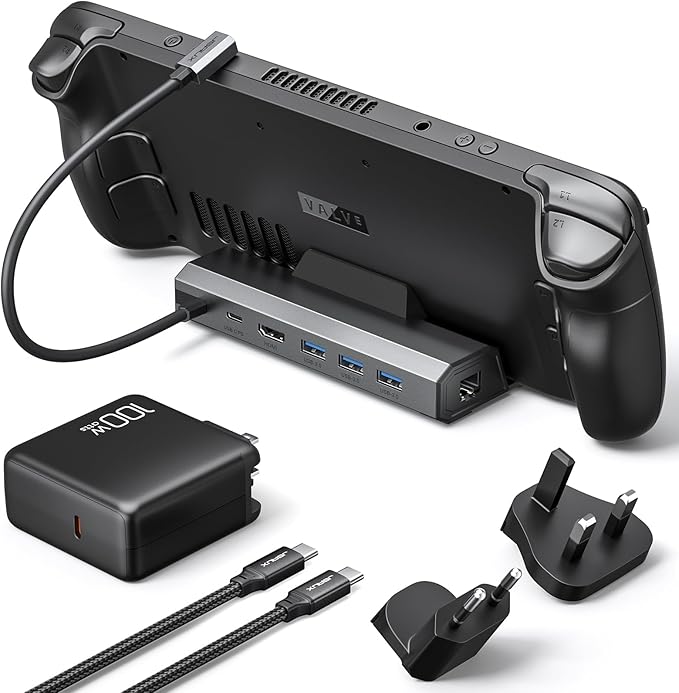 JSAUX 4K@120Hz Docking Station and 100W Charger Compatible with ROG Ally X/Steam Deck OLED/Legion Go (S), 6-in-1 Dock with HDMI 2.1, Gigabit Ethernet, 3 USB 3.0 and 100W Charge-HB0603