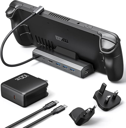 JSAUX 4K@120Hz Docking Station and 100W Charger Compatible with ROG Ally X/Steam Deck OLED/Legion Go (S), 6-in-1 Dock with HDMI 2.1, Gigabit Ethernet, 3 USB 3.0 and 100W Charge-HB0603