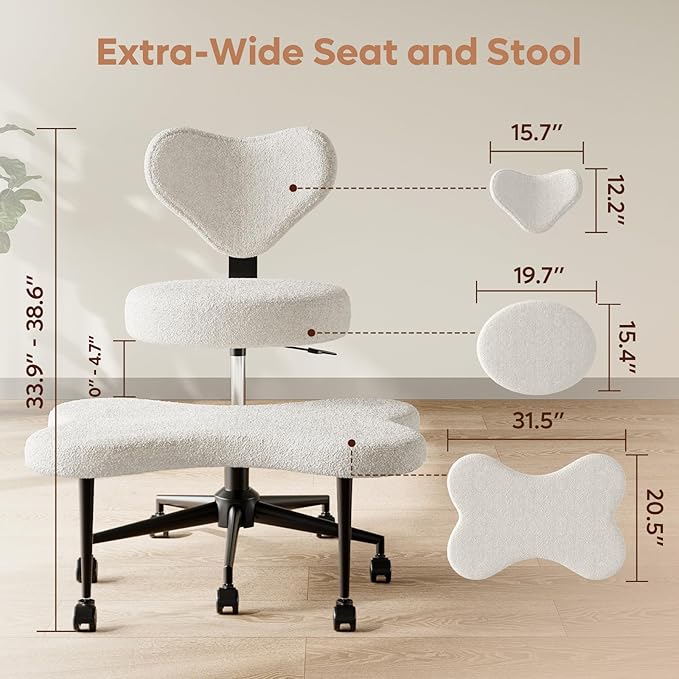 Pinmoco White Teddy Cross Leg Chair – Plush Cozy Meditation Chair, Home Office Desk Seat with Wheels, Modern Scandinavian Style, Comfortable & Soft for Adults
