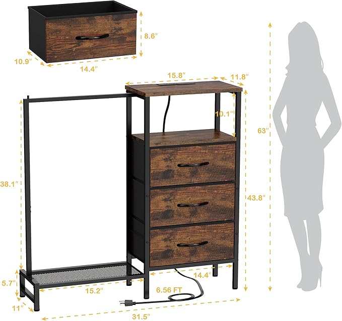 Dresser for Bedroom with Hanging Rack, 3 Drawers Closet with Charging Station, Fabric Chest of Drawers with Clothes Rack, Storage Organzier for Hallway Entryway, Brown