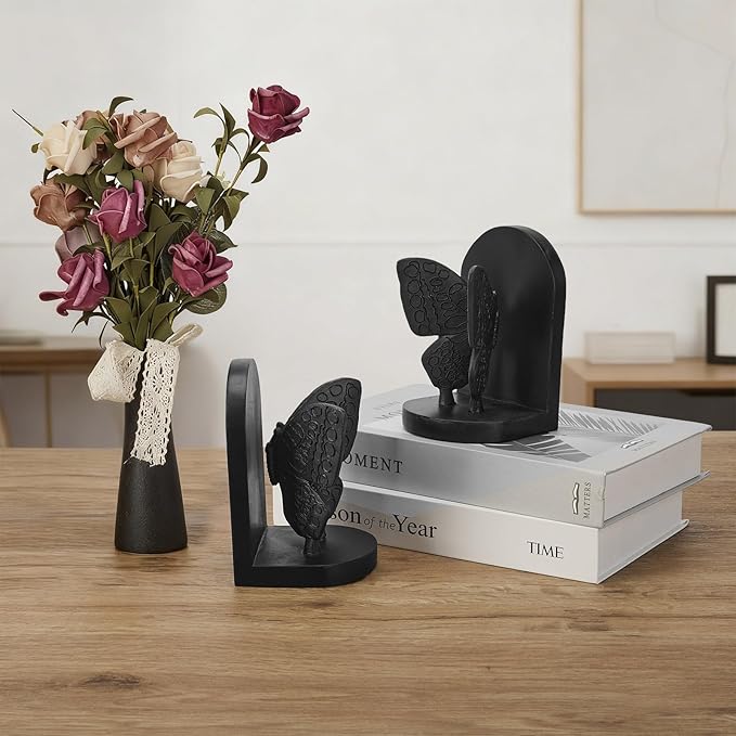 Black Butterfly Book Ends for Shelves, Butterflies Statue Decorative Bookends for Heavy Books, Resin Book Ends with Non-Slip Felt Base for Home Farmhouse Shelves Office Lover Gift