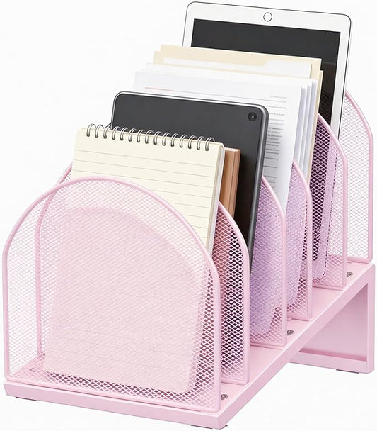 gianotter Desktop File Organizer, Desk Organizer with 5 Compartments, Paper Organizer for Desk, Workspace Organizers for Office Supplies (Pink, Inclined Style)