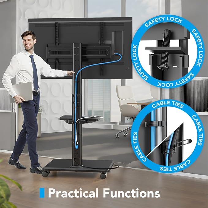 AX WABER Mobile TV Stand with Power Outlets&Shelf, Floor Portable TV Stand with Wheels for 27-65Inch LCD LED OLED Flat/Curved Panel Screen, Swivel,Height Adjustable&Wood Base, RollingTV Cart Black