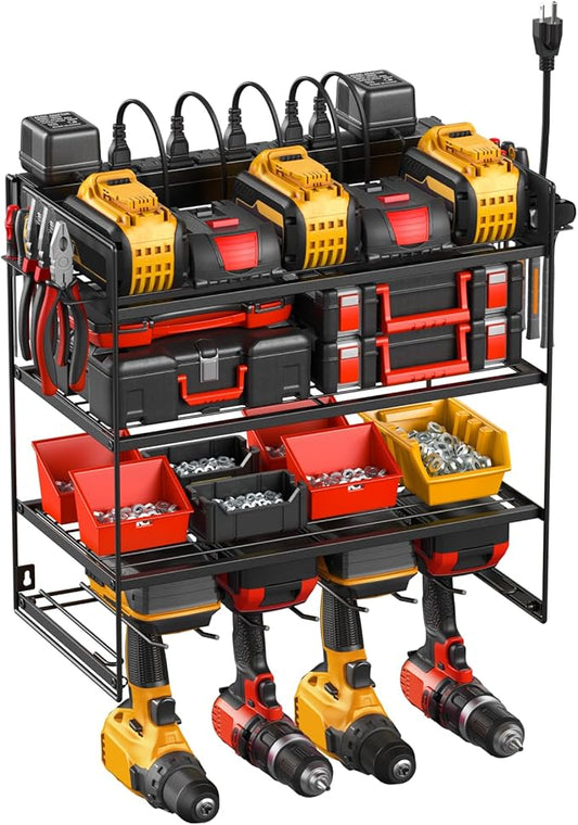 JUNNUJ Power Tool Organizer with 10 Outlet Power Strip, 4 Layer Wall Mount Drill Holder with Charging Station, 4 Drills Storage Shelf Shop Garage Utility Rack, Black