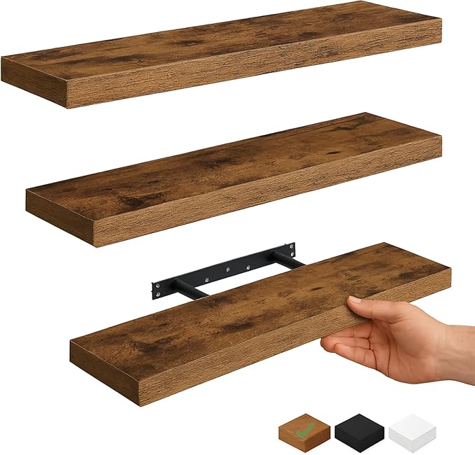 Vervida® 3 Pack Rustic Brown Floating Shelves, 24" W x 7.9" D x 1.5" H, Holds Up to 38 Lbs, for Living Room, Bedroom, Bathroom, Kitchen, Office, Storage, Display, with Invisible Brackets Wall Shelves