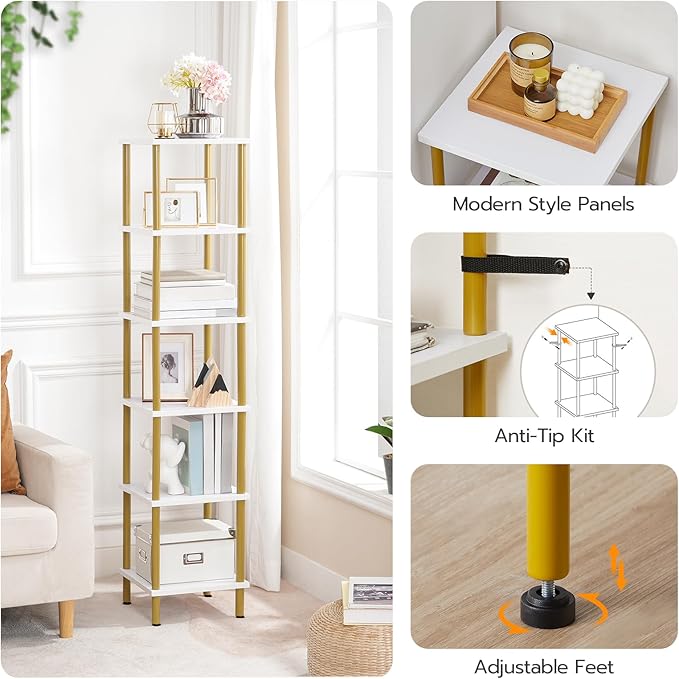 HOOBRO 6-Tier Corner Shelf, Corner Square Rack Display Shelf, Tall Storage Rack Plant Stand, Bookcase for Small Spaces, Living Room, Home Office, Kitchen, White and Gold DW55CJ01